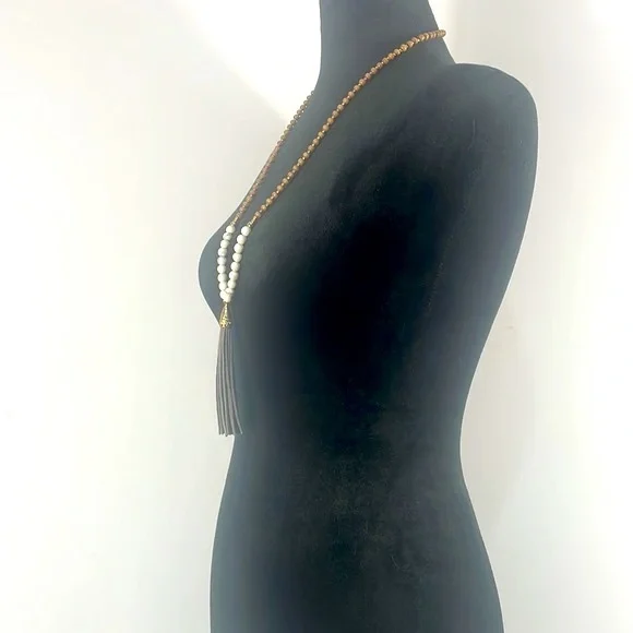 BCBG Long Tassel White,Grey Howlite & Wood, Necklace,Gold,Grey Suede Tassel,Boho - Picture 2 of 8